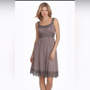 Adrianna Papell Silk Chiffon BeadedCocktail Dress brownEmpire Waist Scalloped 10
